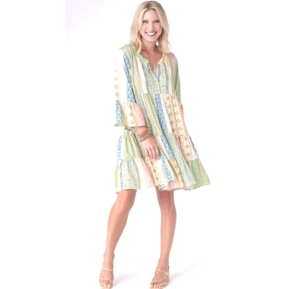Sweet Salt Patchwork knee midi Boho tiered Tunic dress Sage, Pink and Ivory L